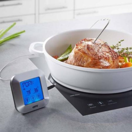 Ontdek de Gefu digitale thermometer met touchscreen en programmeerbare instellingen voor perfect bereid vlees. Praktisch en nauwkeurig!