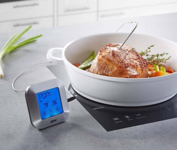 Ontdek de Gefu digitale thermometer met touchscreen en programmeerbare instellingen voor perfect bereid vlees. Praktisch en nauwkeurig!